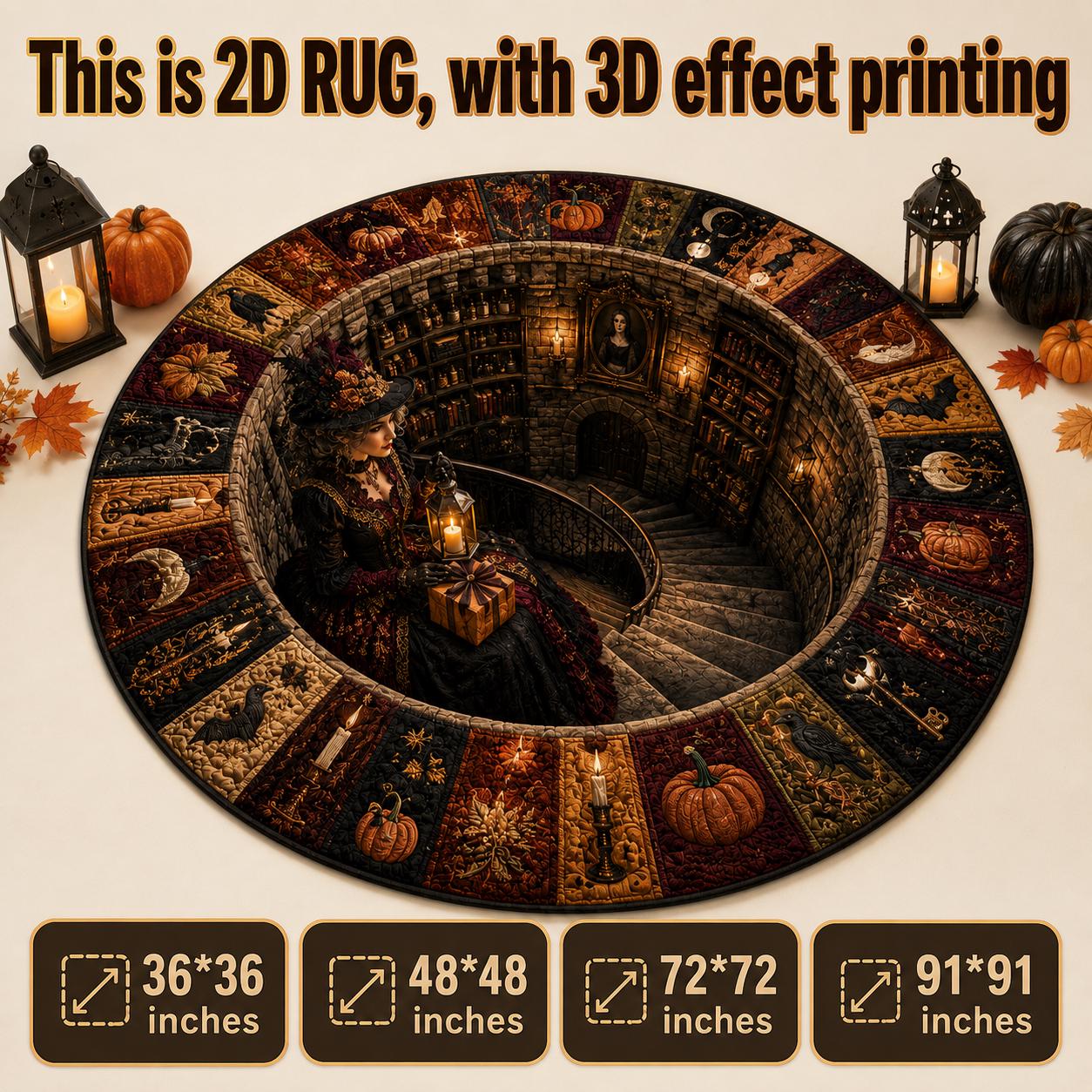 3D Illusion Victorian Gothic Witch Halloween Round Rug, Haunted Library Floor Mat for Dark Academia Decor - photo 2