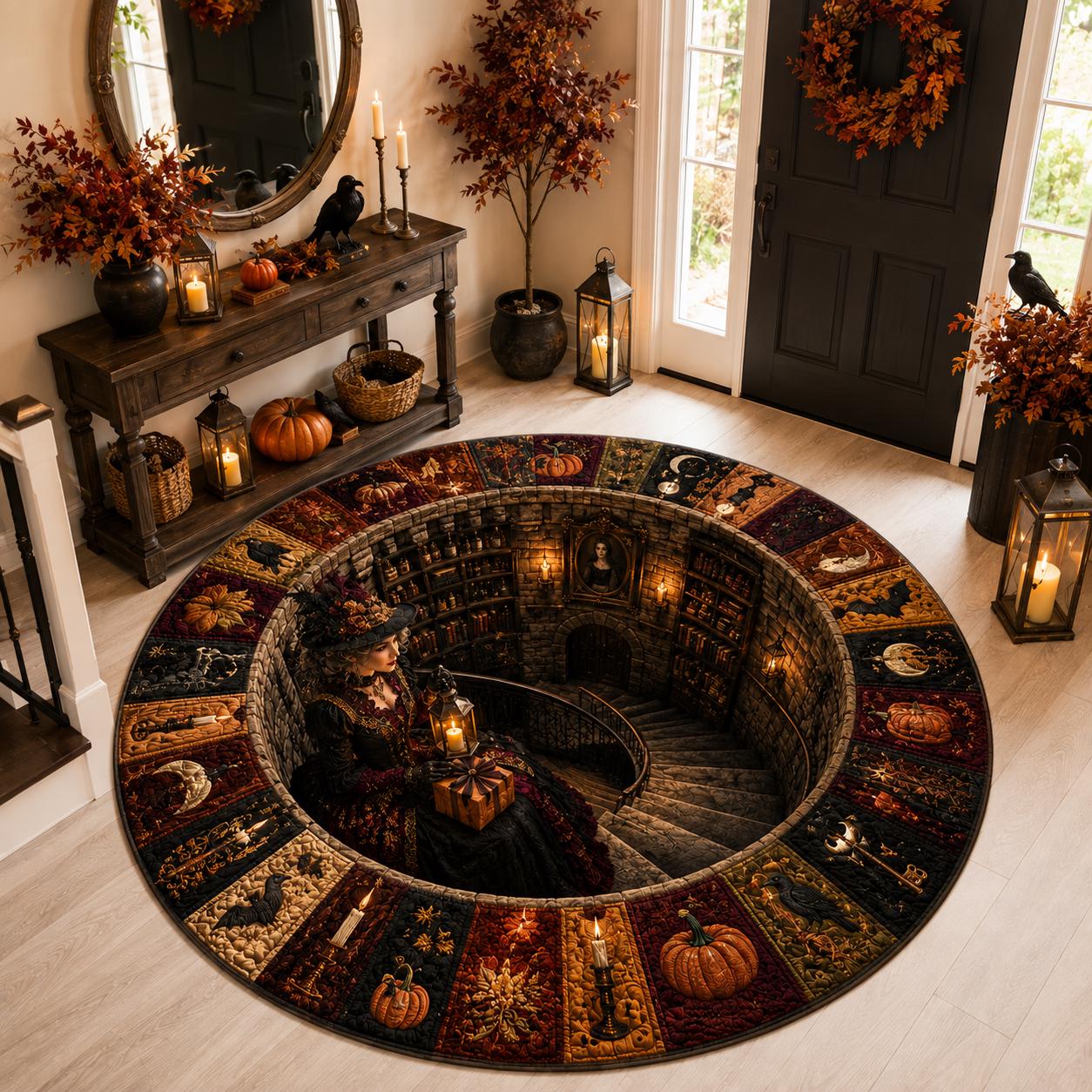 3D Illusion Victorian Gothic Witch Halloween Round Rug, Haunted Library Floor Mat for Dark Academia Decor - photo 3