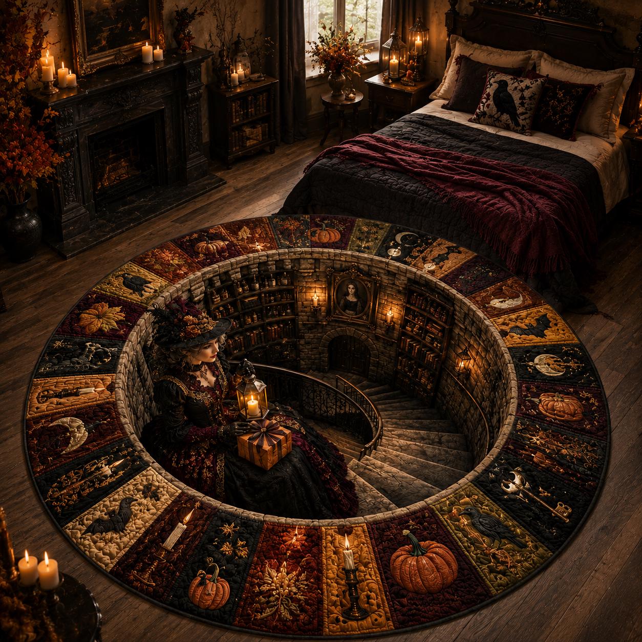 3D Illusion Victorian Gothic Witch Halloween Round Rug, Haunted Library Floor Mat for Dark Academia Decor - photo 4
