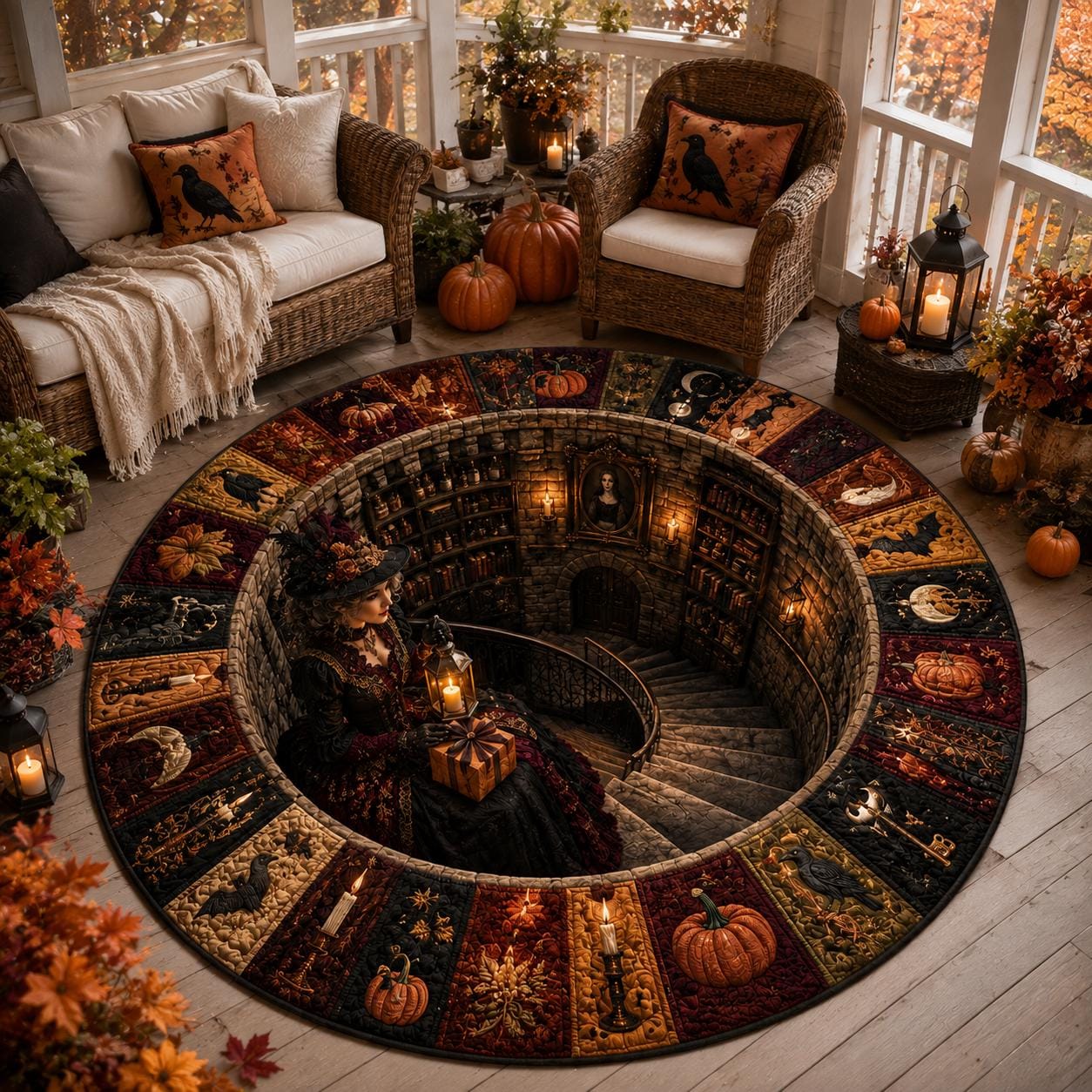 3D Illusion Victorian Gothic Witch Halloween Round Rug, Haunted Library Floor Mat for Dark Academia Decor - photo 5