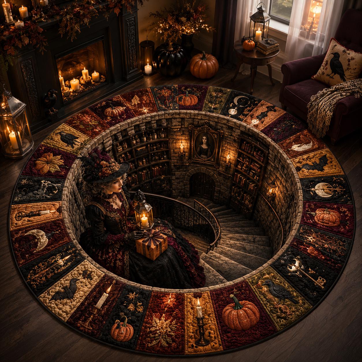 3D Illusion Victorian Gothic Witch Halloween Round Rug, Haunted Library Floor Mat for Dark Academia Decor - photo 6