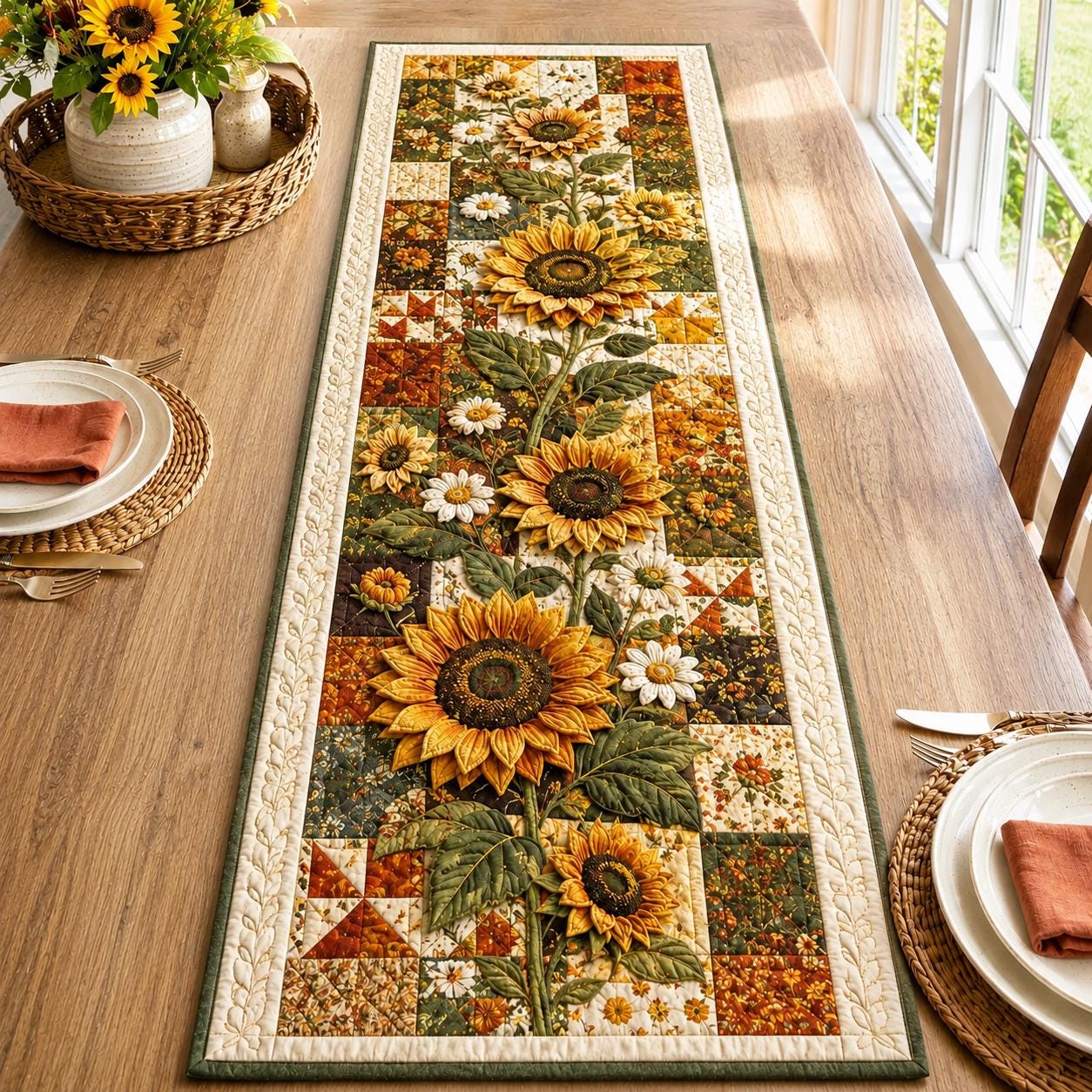 Sunflower Table Runner with Quilt Style for Patchwork Floral Runner Farmhouse Fall Table Decor and Rustic Kitchen Dining Decor