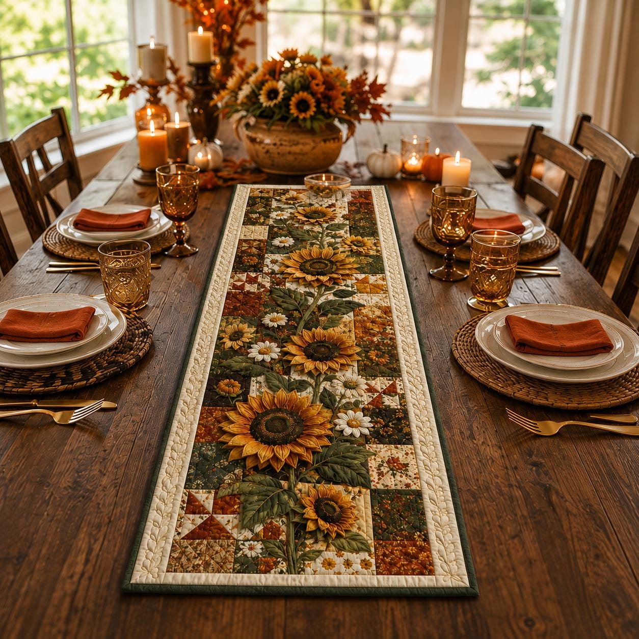 Sunflower Table Runner with Quilt Style for Patchwork Floral Runner Farmhouse Fall Table Decor and Rustic Kitchen Dining Decor - photo 3