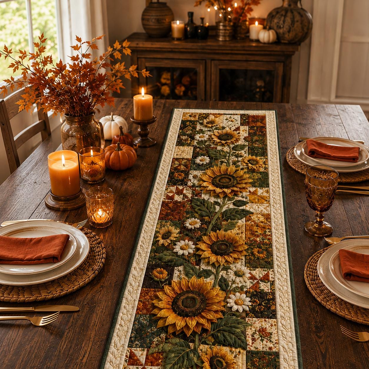 Sunflower Table Runner with Quilt Style for Patchwork Floral Runner Farmhouse Fall Table Decor and Rustic Kitchen Dining Decor - photo 4