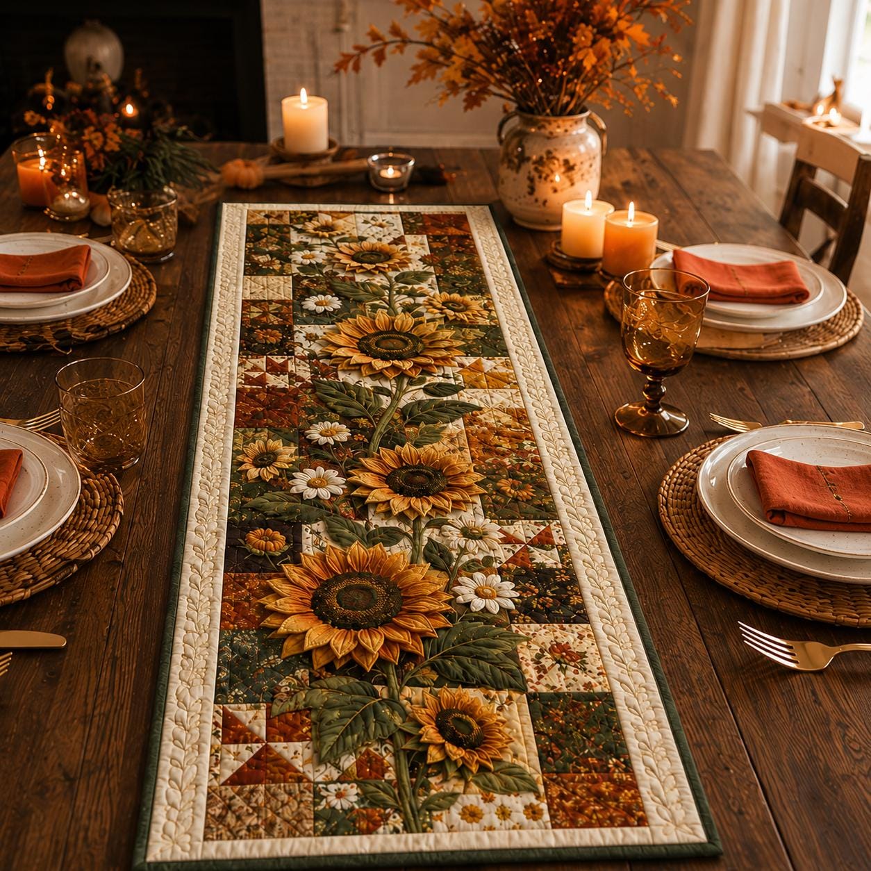 Sunflower Table Runner with Quilt Style for Patchwork Floral Runner Farmhouse Fall Table Decor and Rustic Kitchen Dining Decor - photo 5