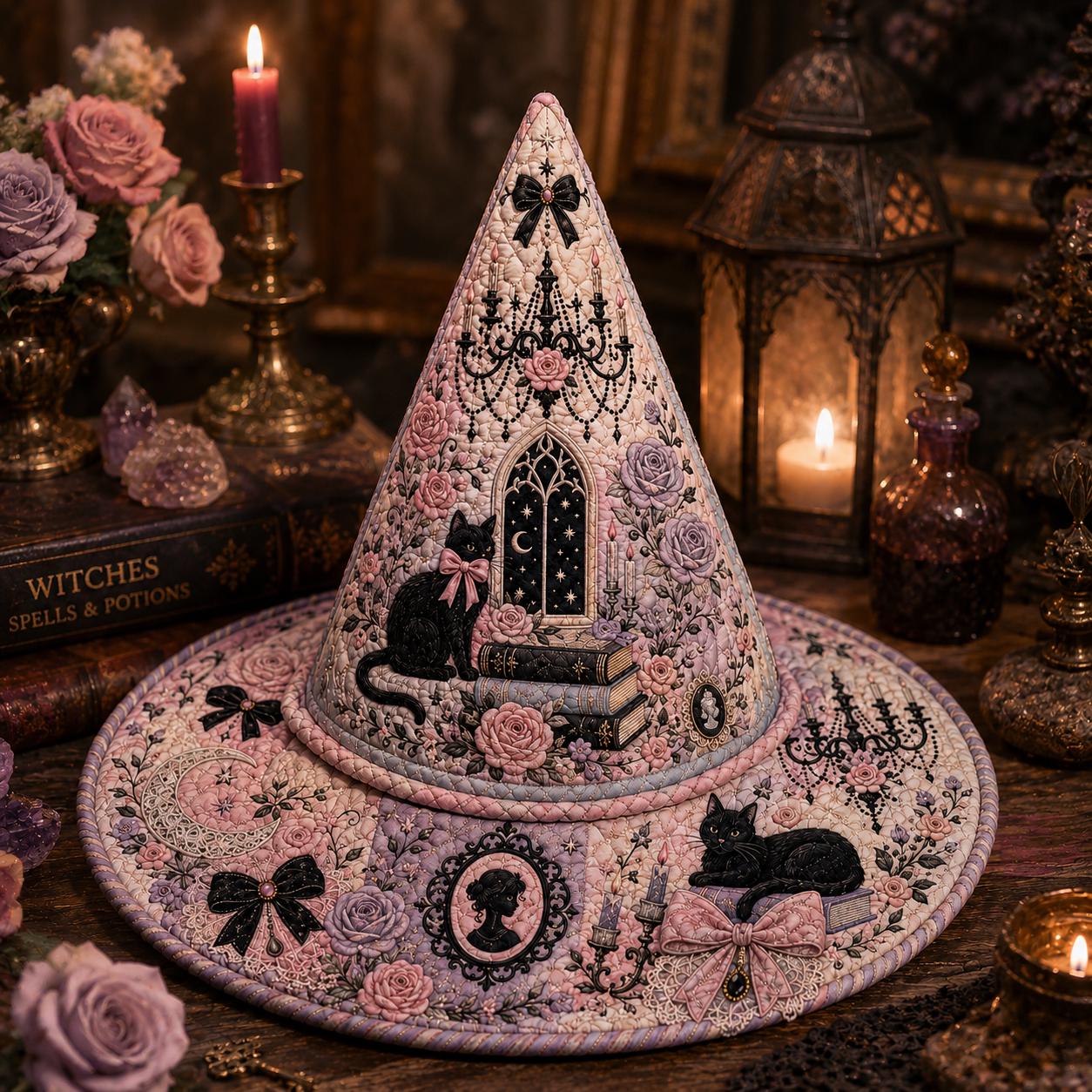 Quilted Style Pastel Gothic Witch Hat Halloween Tabletop with Pink Coquette Rose and Black Cat, Witchy Home Accent