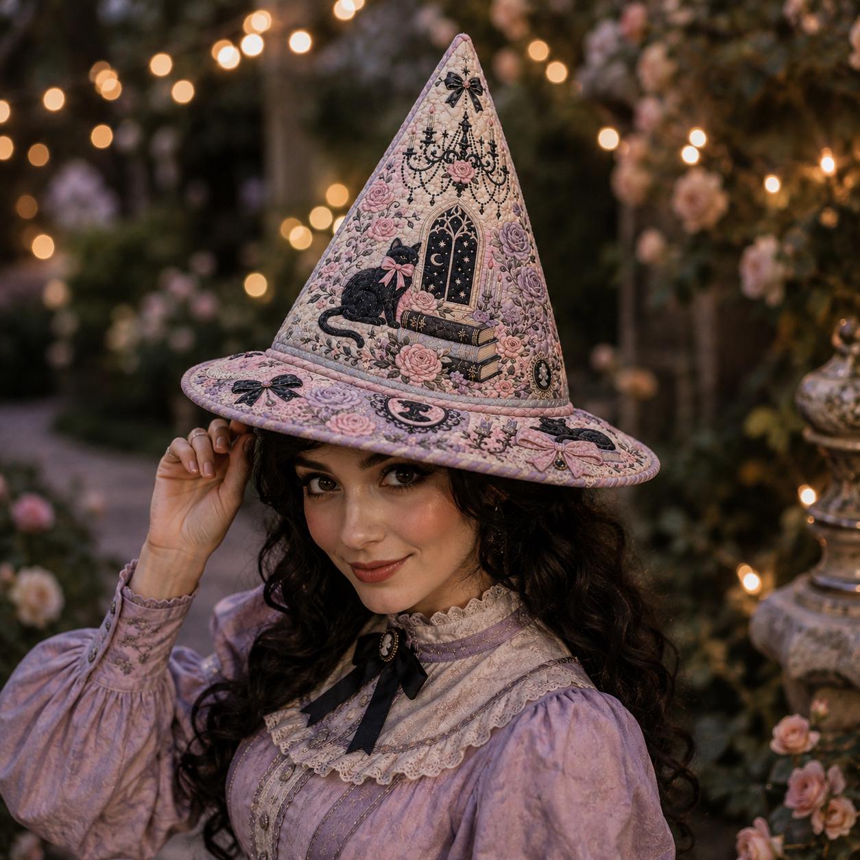Quilted Style Pastel Gothic Witch Hat Halloween Tabletop with Pink Coquette Rose and Black Cat, Witchy Home Accent - photo 2