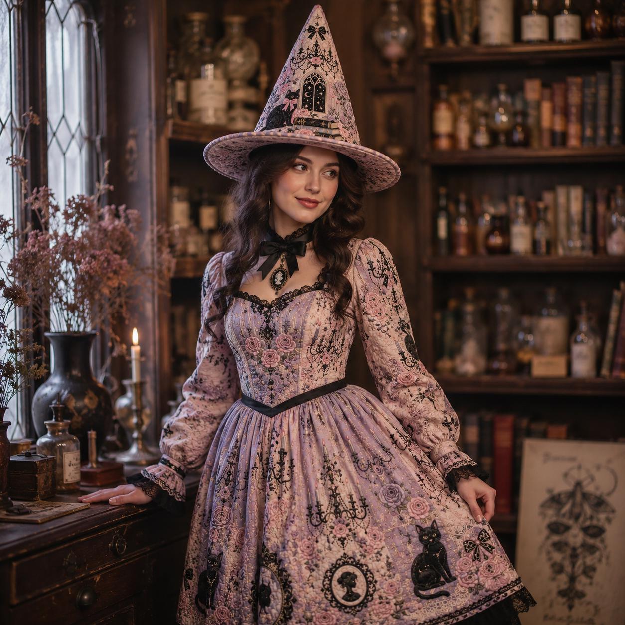 Quilted Style Pastel Gothic Witch Hat Halloween Tabletop with Pink Coquette Rose and Black Cat, Witchy Home Accent - photo 3