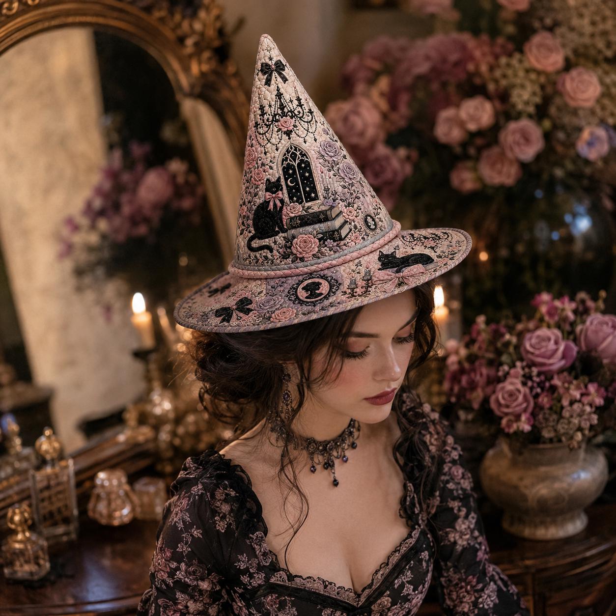 Quilted Style Pastel Gothic Witch Hat Halloween Tabletop with Pink Coquette Rose and Black Cat, Witchy Home Accent - photo 4