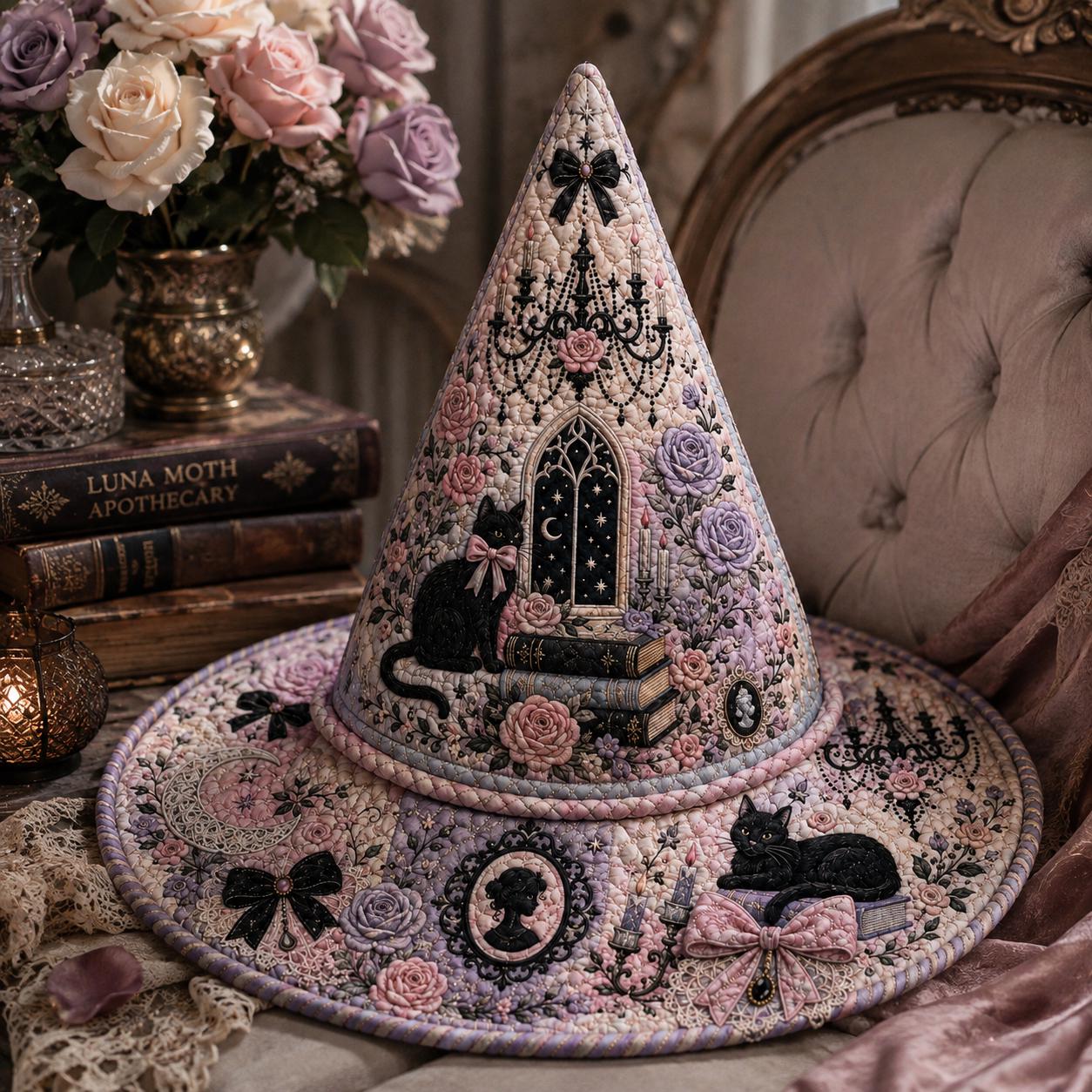 Quilted Style Pastel Gothic Witch Hat Halloween Tabletop with Pink Coquette Rose and Black Cat, Witchy Home Accent - photo 5