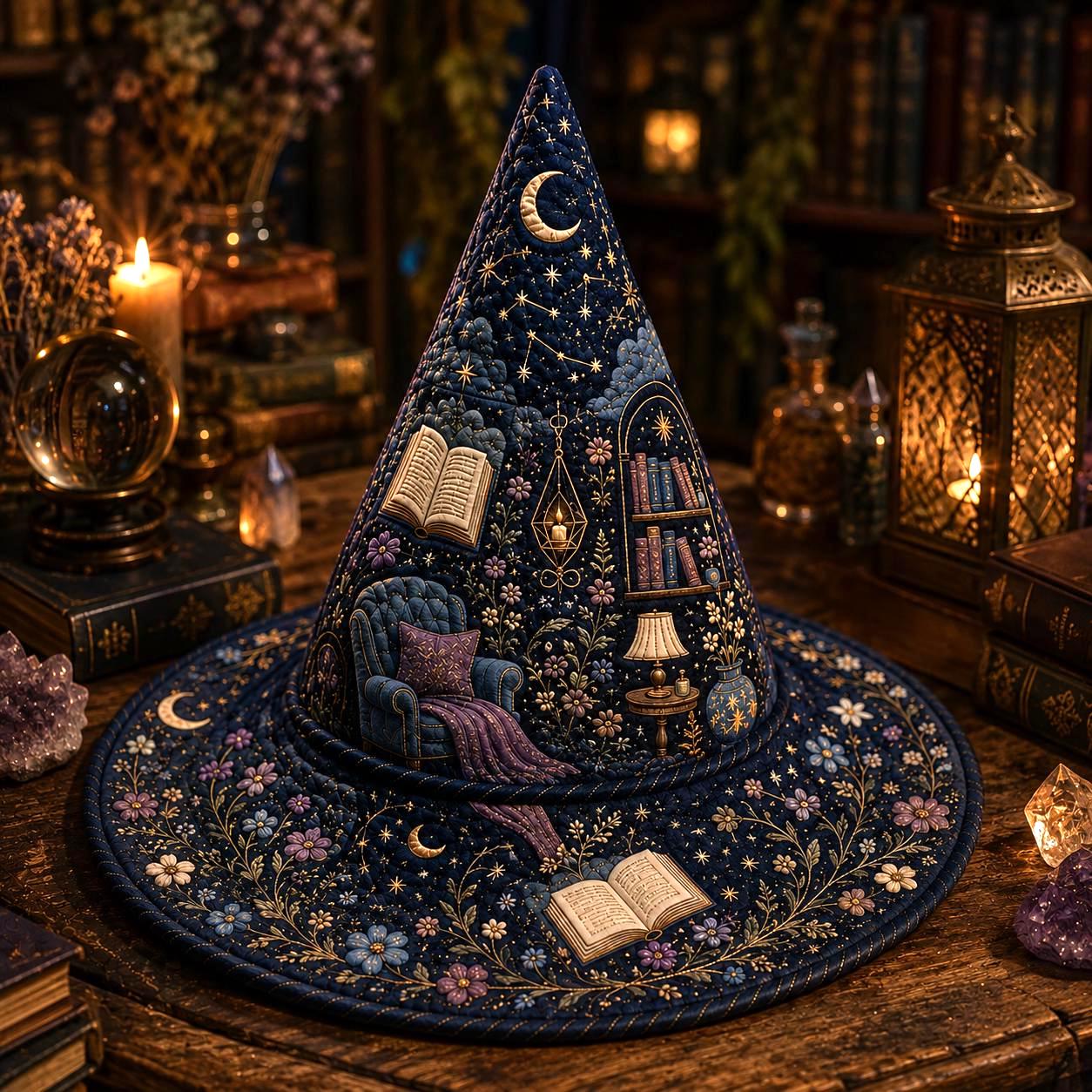 Quilted Style Celestial Witch Hat β Moon Star Book Lover Halloween Tabletop and Dark Academia Reading Nook Witchy Home Accent