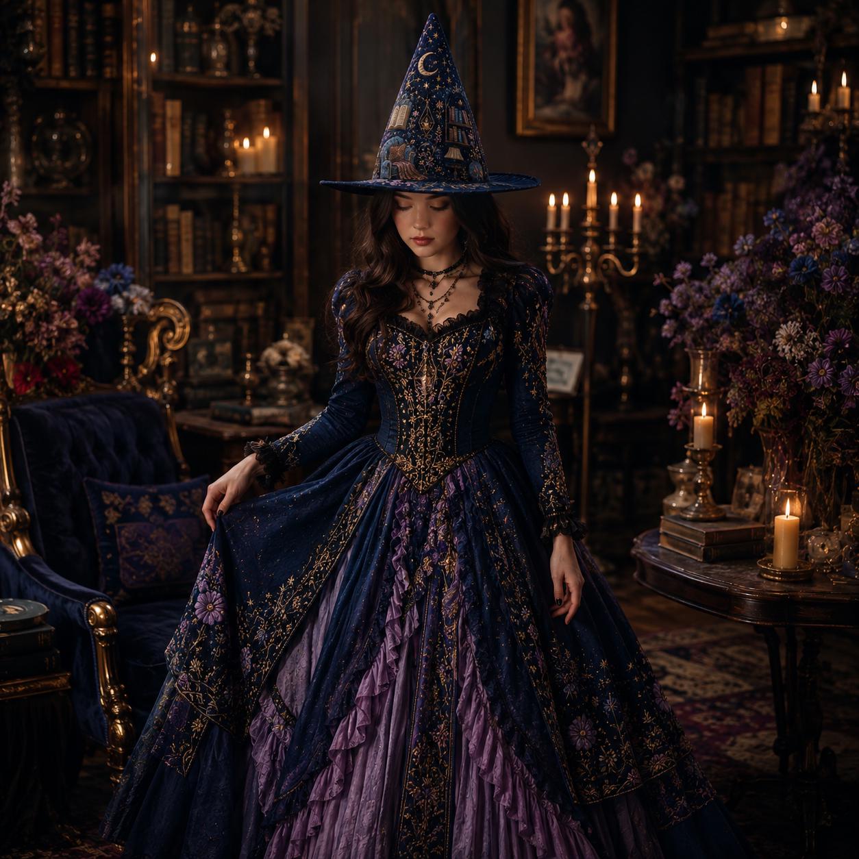 Quilted Style Celestial Witch Hat – Moon Star Book Lover Halloween Tabletop and Dark Academia Reading Nook Witchy Home Accent - photo 2