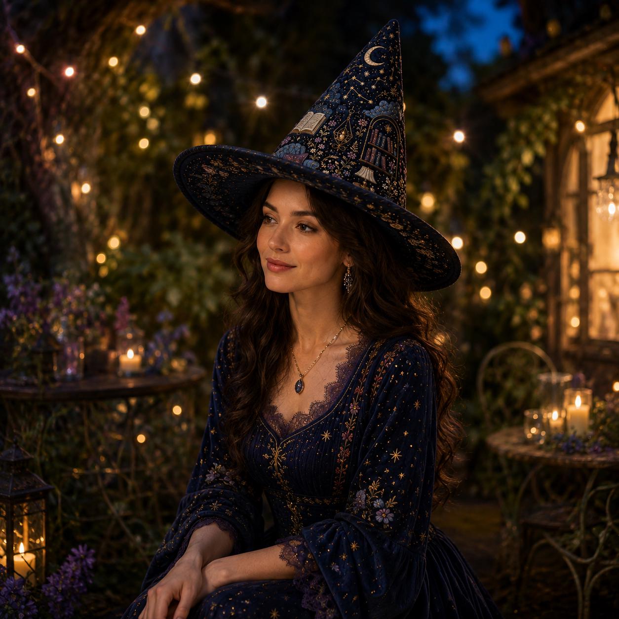 Quilted Style Celestial Witch Hat – Moon Star Book Lover Halloween Tabletop and Dark Academia Reading Nook Witchy Home Accent - photo 3