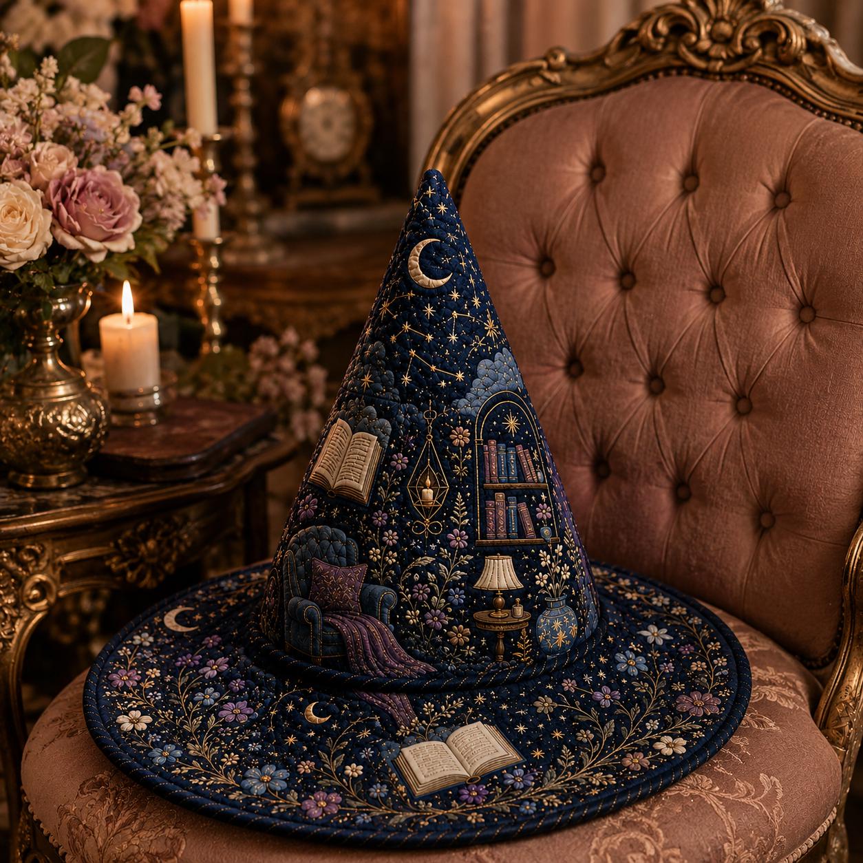 Quilted Style Celestial Witch Hat – Moon Star Book Lover Halloween Tabletop and Dark Academia Reading Nook Witchy Home Accent - photo 4