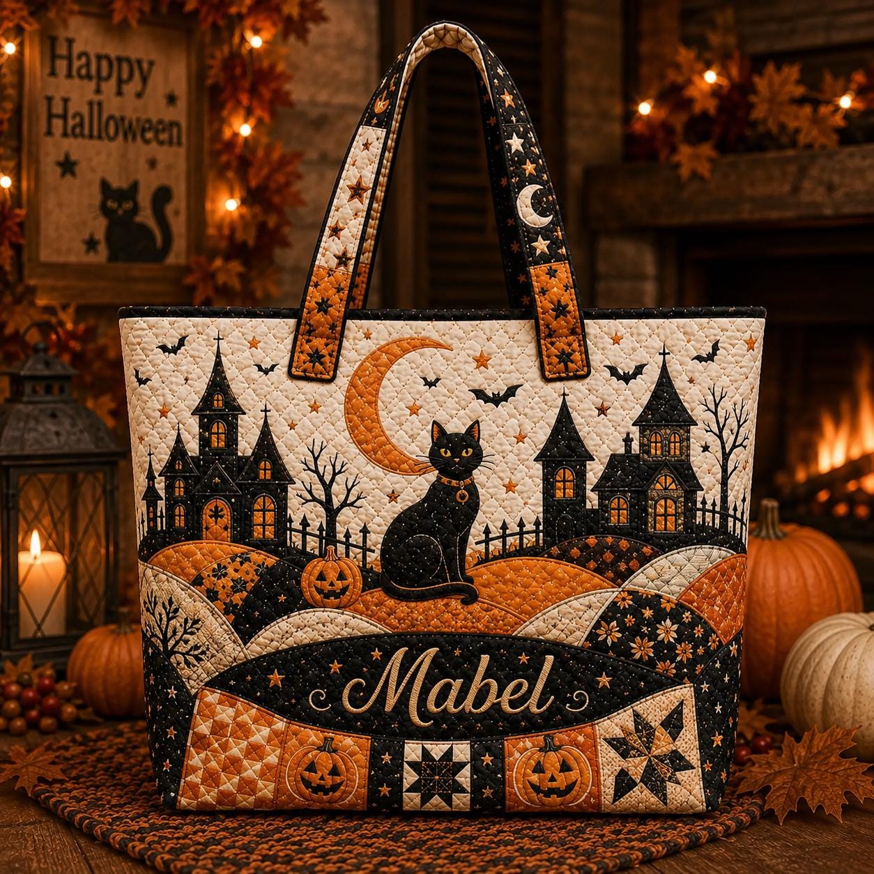 Personalized Halloween Tote Bag with Quilted Style for Custom Name Spooky Witch Ghost Black Cat Market Bag and Fall Trick Treat Gift