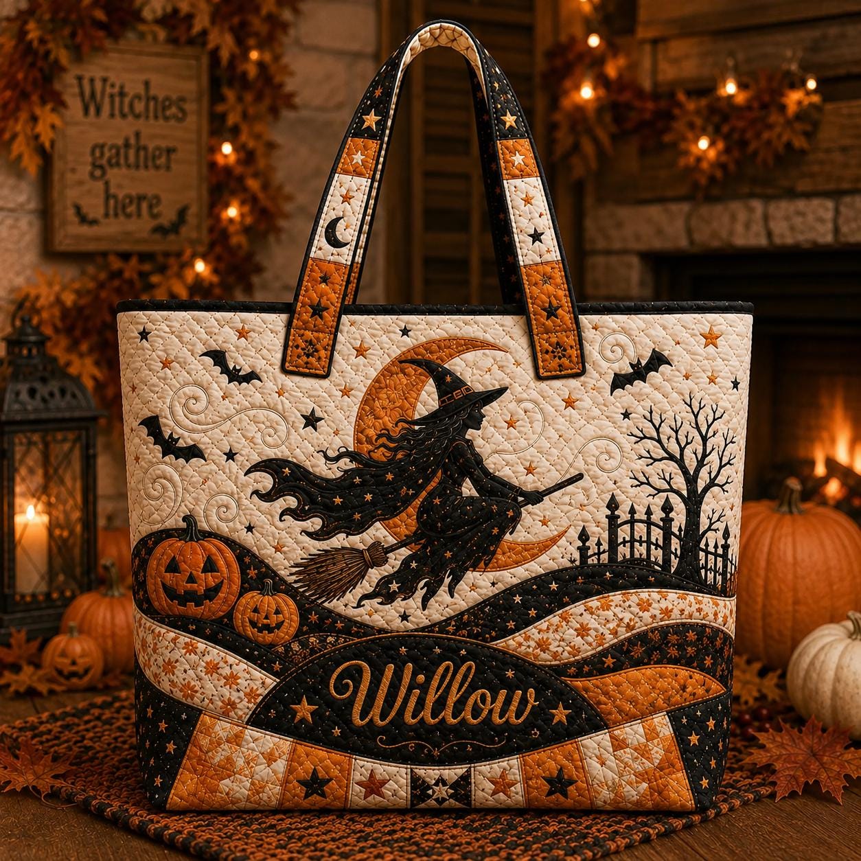 Personalized Halloween Tote Bag with Quilted Style for Custom Name Spooky Witch Ghost Black Cat Market Bag and Fall Trick Treat Gift - photo 2
