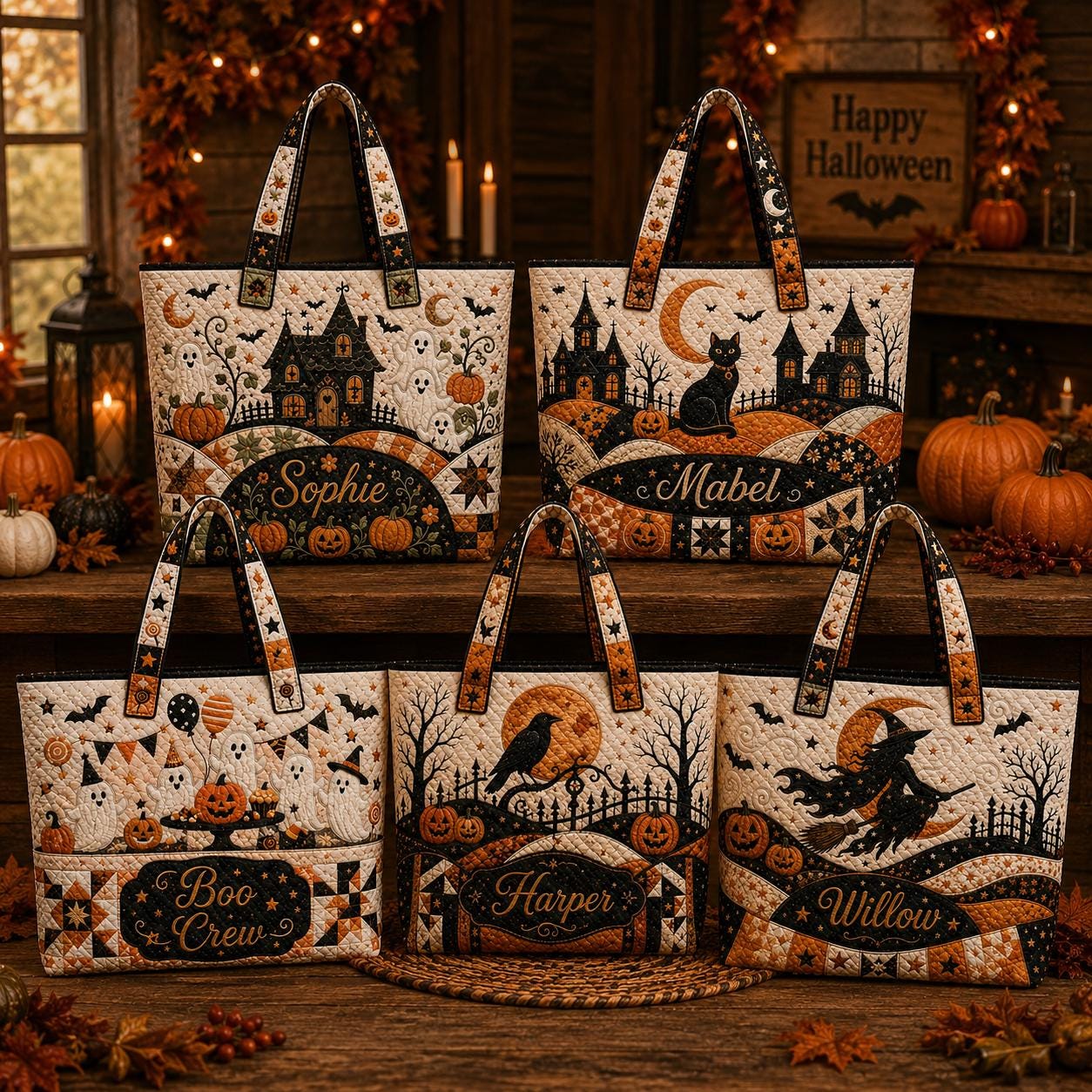 Personalized Halloween Tote Bag with Quilted Style for Custom Name Spooky Witch Ghost Black Cat Market Bag and Fall Trick Treat Gift - photo 5