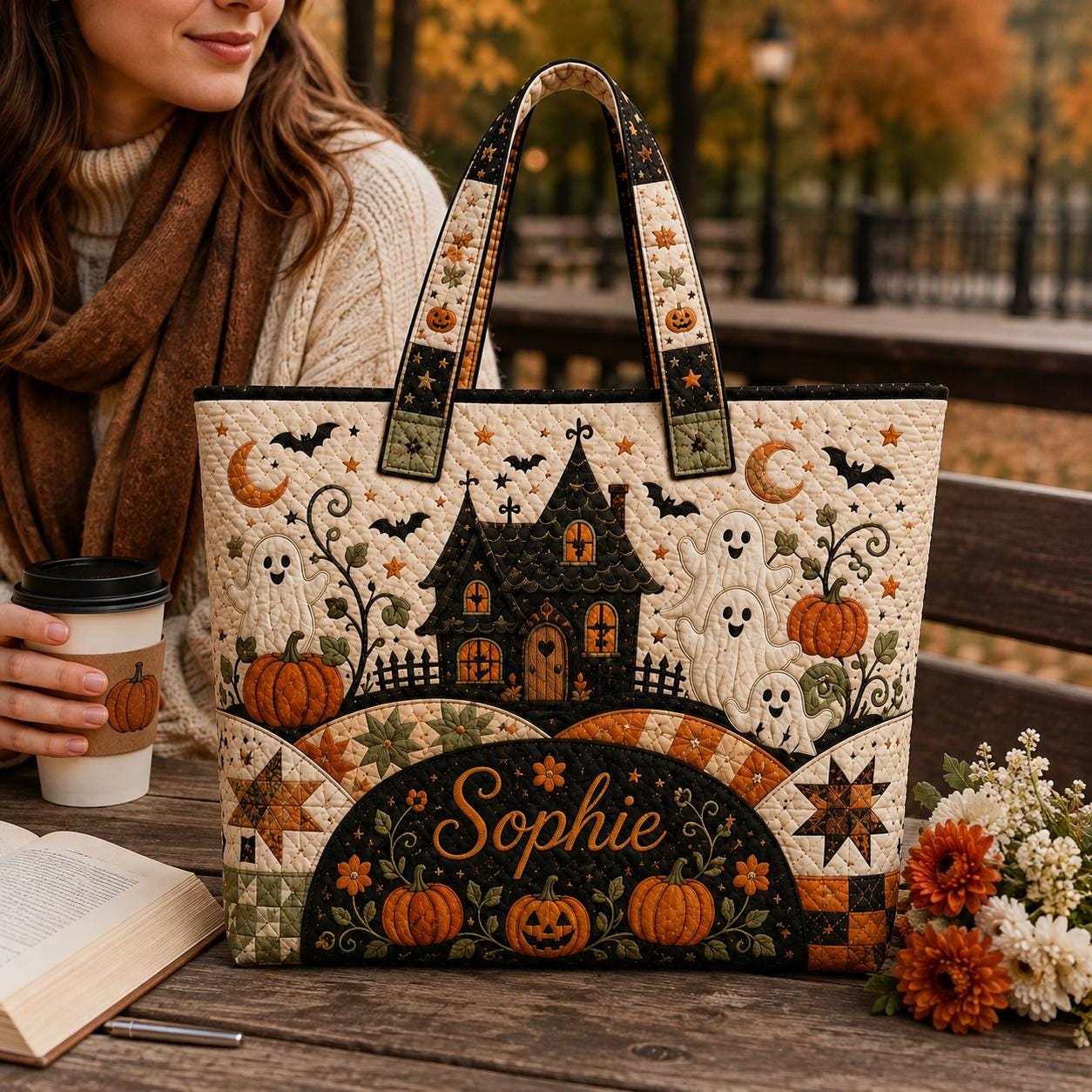 Personalized Halloween Tote Bag with Quilted Style for Custom Name Spooky Witch Ghost Black Cat Market Bag and Fall Trick Treat Gift - photo 6
