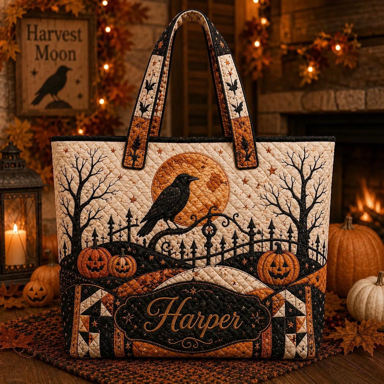 Personalized Halloween Tote Bag with Quilted Style for Custom Name Spooky Witch Ghost Black Cat Market Bag and Fall Trick Treat Gift - photo 7