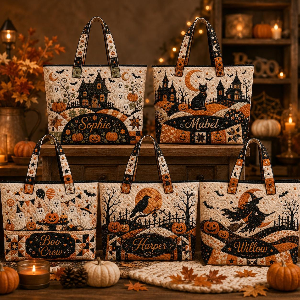 Personalized Halloween Tote Bag with Quilted Style for Custom Name Spooky Witch Ghost Black Cat Market Bag and Fall Trick Treat Gift - photo 9