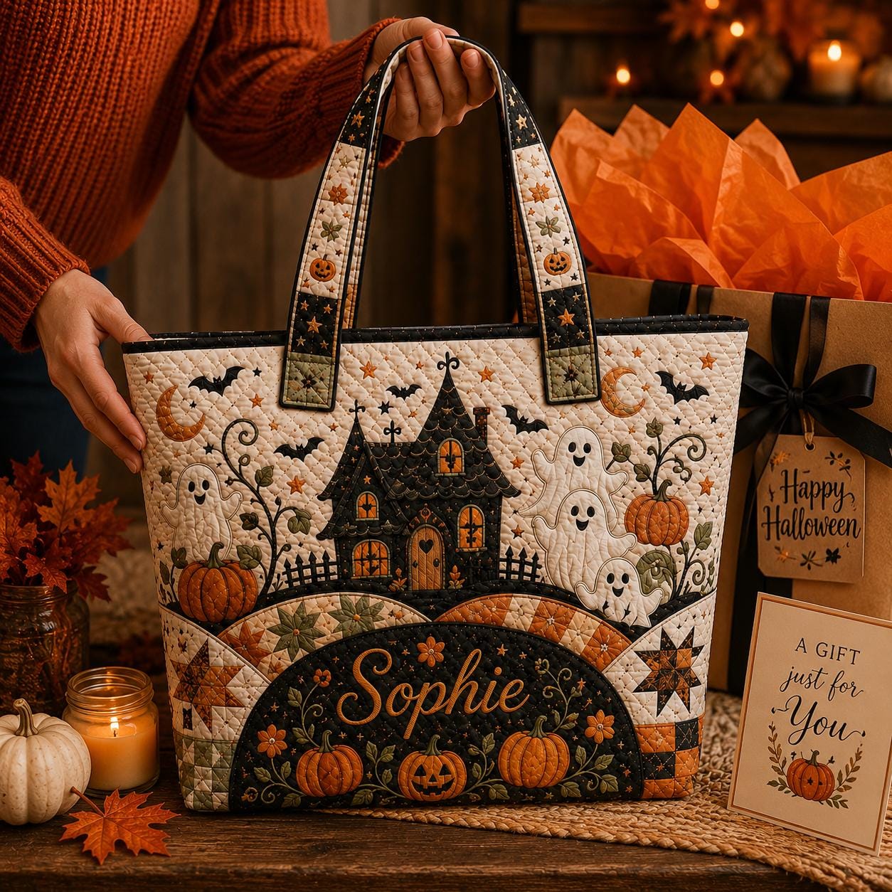 Personalized Halloween Tote Bag with Quilted Style for Custom Name Spooky Witch Ghost Black Cat Market Bag and Fall Trick Treat Gift - photo 10