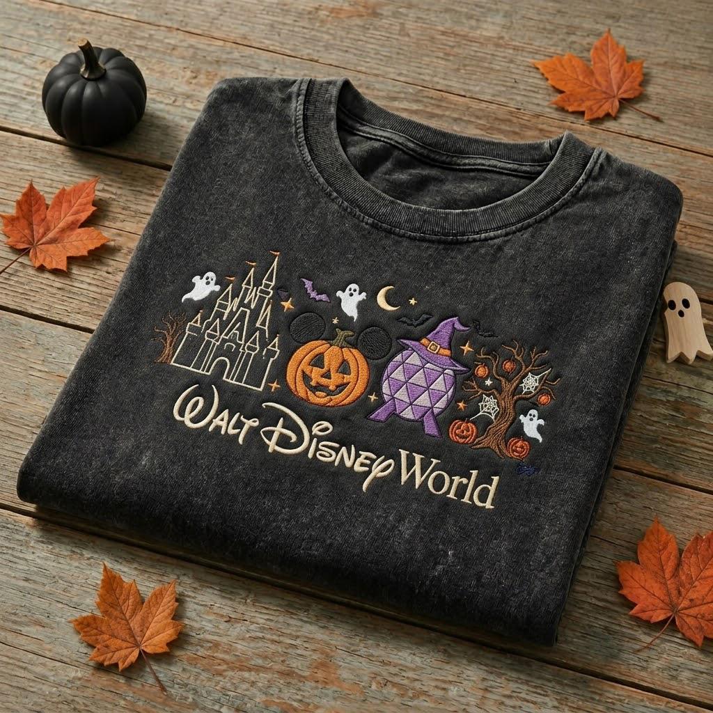 Embroidered Walt Disney World Halloween Mineral Wash Shirt with Castle Pumpkin and Mickey Ghost – Spooky Season Fall Vacation Tee Gift