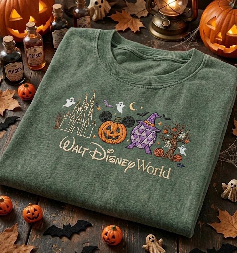 Embroidered Walt Disney World Halloween Mineral Wash Shirt with Castle Pumpkin and Mickey Ghost – Spooky Season Fall Vacation Tee Gift - photo 2