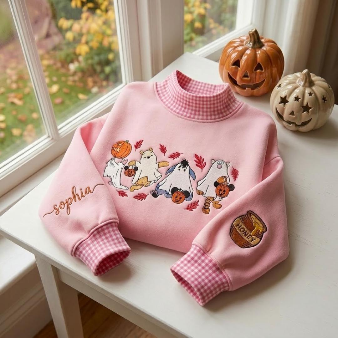 Personalized Embroidered Winnie the Pooh Bear Halloween Sweatshirt – Spooky Disney Gingham Collar Crewneck Sweater