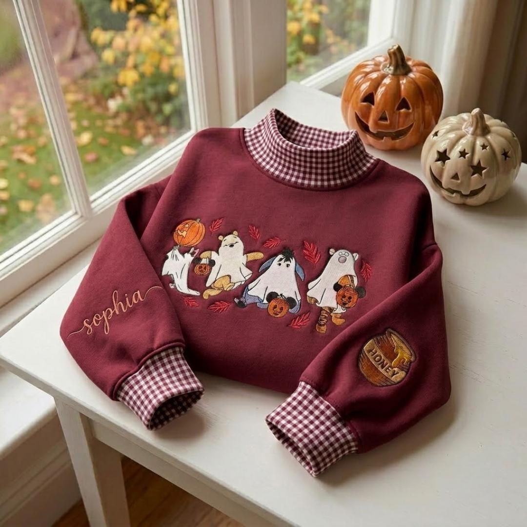 Personalized Embroidered Winnie the Pooh Bear Halloween Sweatshirt – Spooky Disney Gingham Collar Crewneck Sweater - photo 2