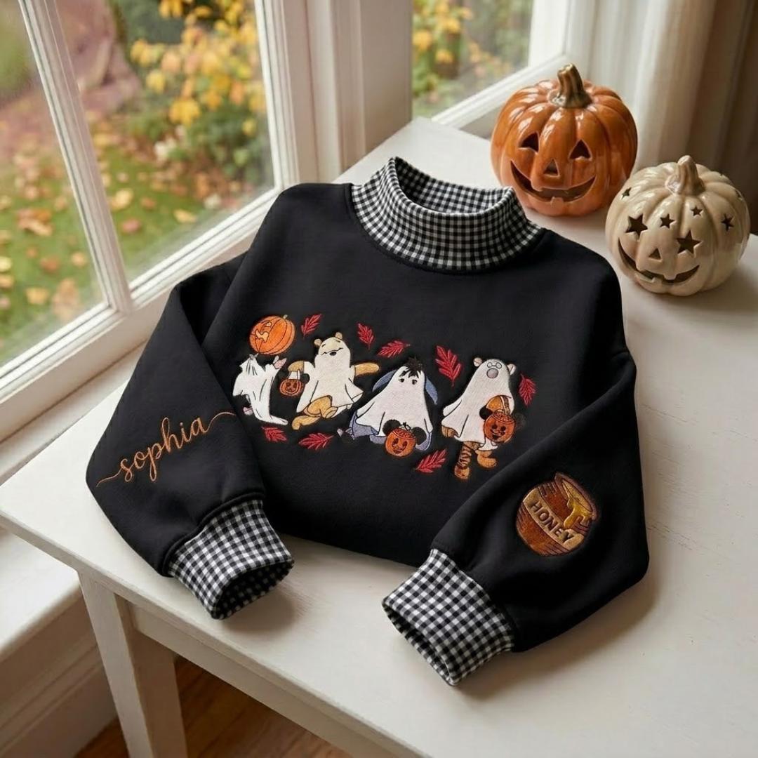 Personalized Embroidered Winnie the Pooh Bear Halloween Sweatshirt – Spooky Disney Gingham Collar Crewneck Sweater - photo 3