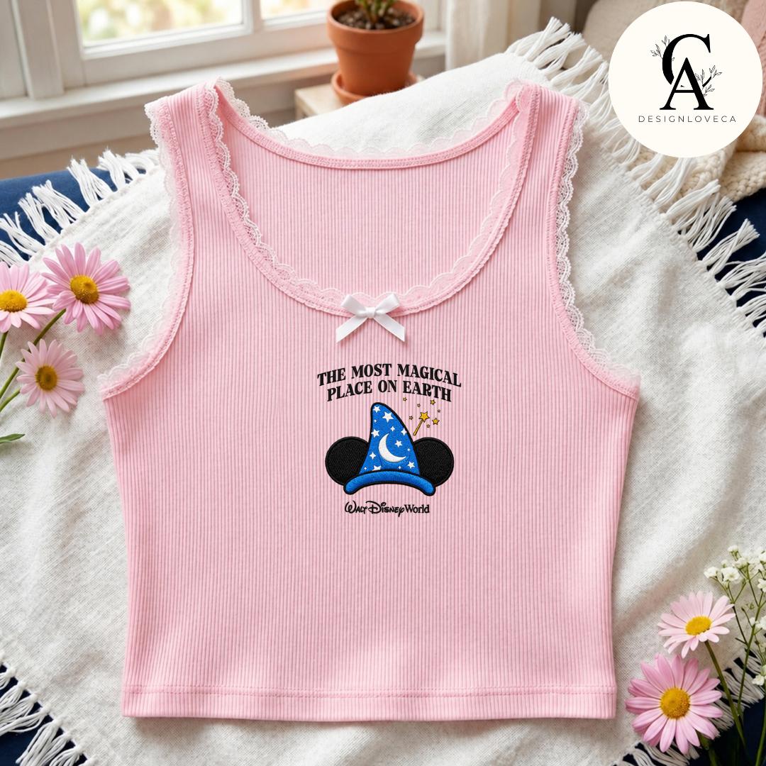 Embroidered Disney Fantasia Sorcerer Mickey Wizard Baby Tee Crop Tank – Fantasmic Some Imagination Huh Lace Trim Tank Top - photo 4