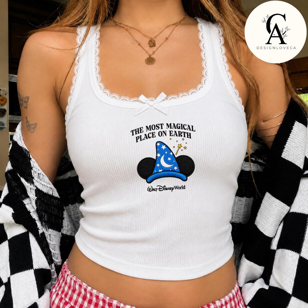 Embroidered Disney Fantasia Sorcerer Mickey Wizard Baby Tee Crop Tank – Fantasmic Some Imagination Huh Lace Trim Tank Top - photo 8