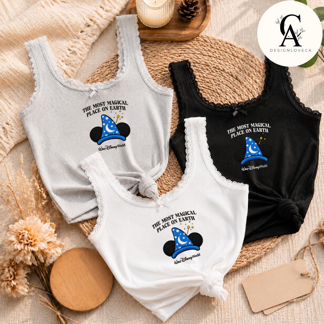 Embroidered Disney Fantasia Sorcerer Mickey Wizard Baby Tee Crop Tank – Fantasmic Some Imagination Huh Lace Trim Tank Top - photo 10