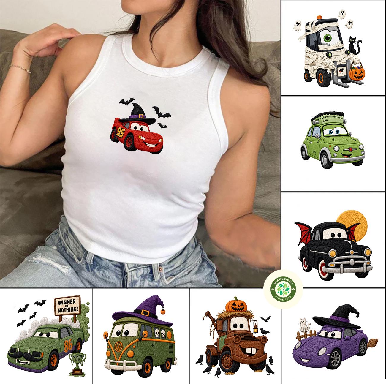 Embroidered Disney Cars Halloween Baby Tee Crop Tank with Lightning McQueen – Spooky Racing Lace Trim Tank Top and Tee