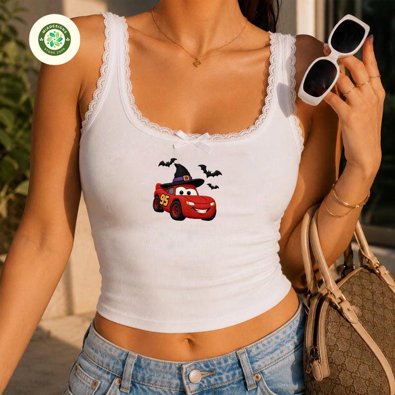 Embroidered Disney Cars Halloween Baby Tee Crop Tank with Lightning McQueen – Spooky Racing Lace Trim Tank Top and Tee - photo 3
