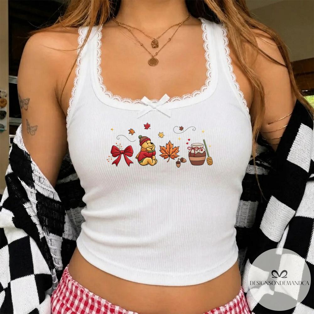 Embroidered Winnie the Pooh Bear Fall Vibes Shirt – Coquette Lace Trim Tank Top and Baby Tee with Pumpkin for WDW Disneyland