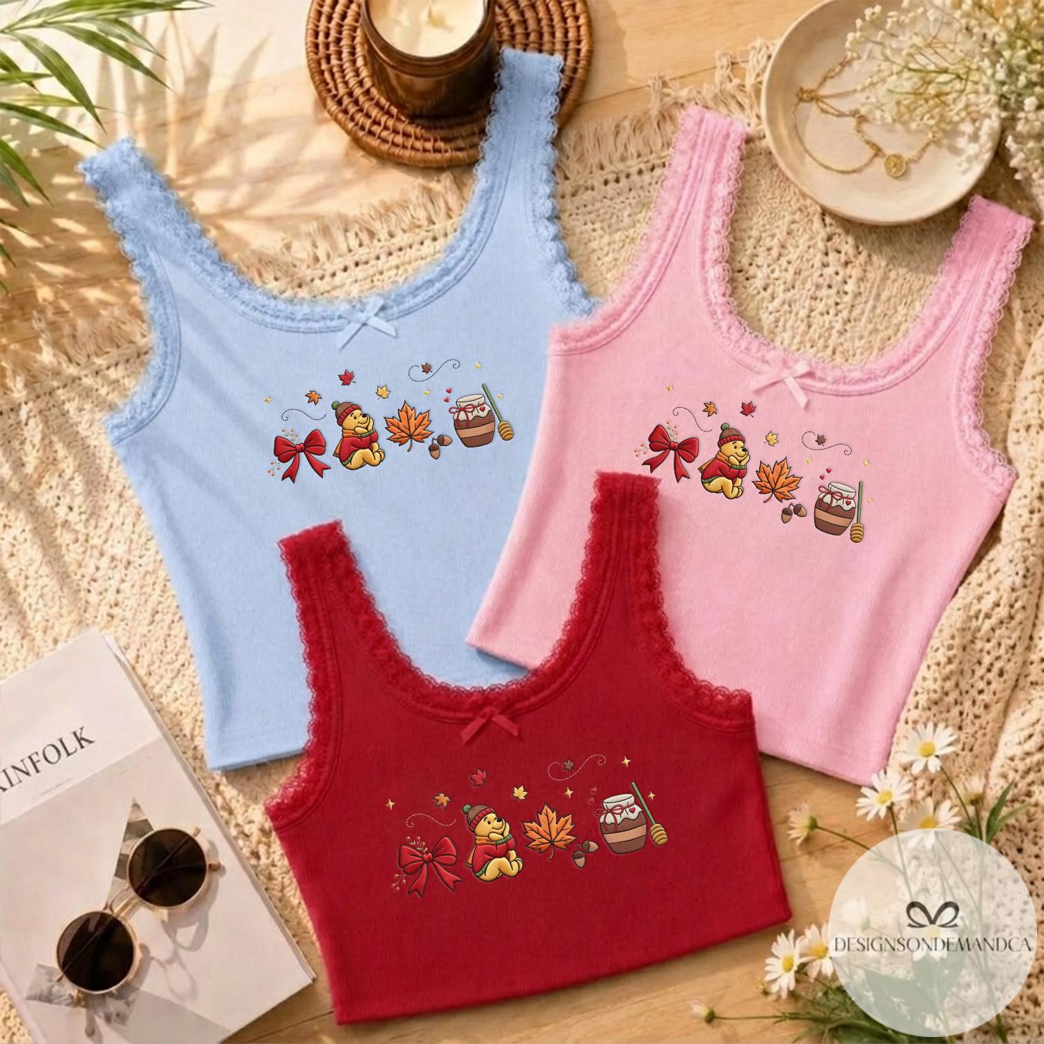 Embroidered Winnie the Pooh Bear Fall Vibes Shirt – Coquette Lace Trim Tank Top and Baby Tee with Pumpkin for WDW Disneyland - photo 4