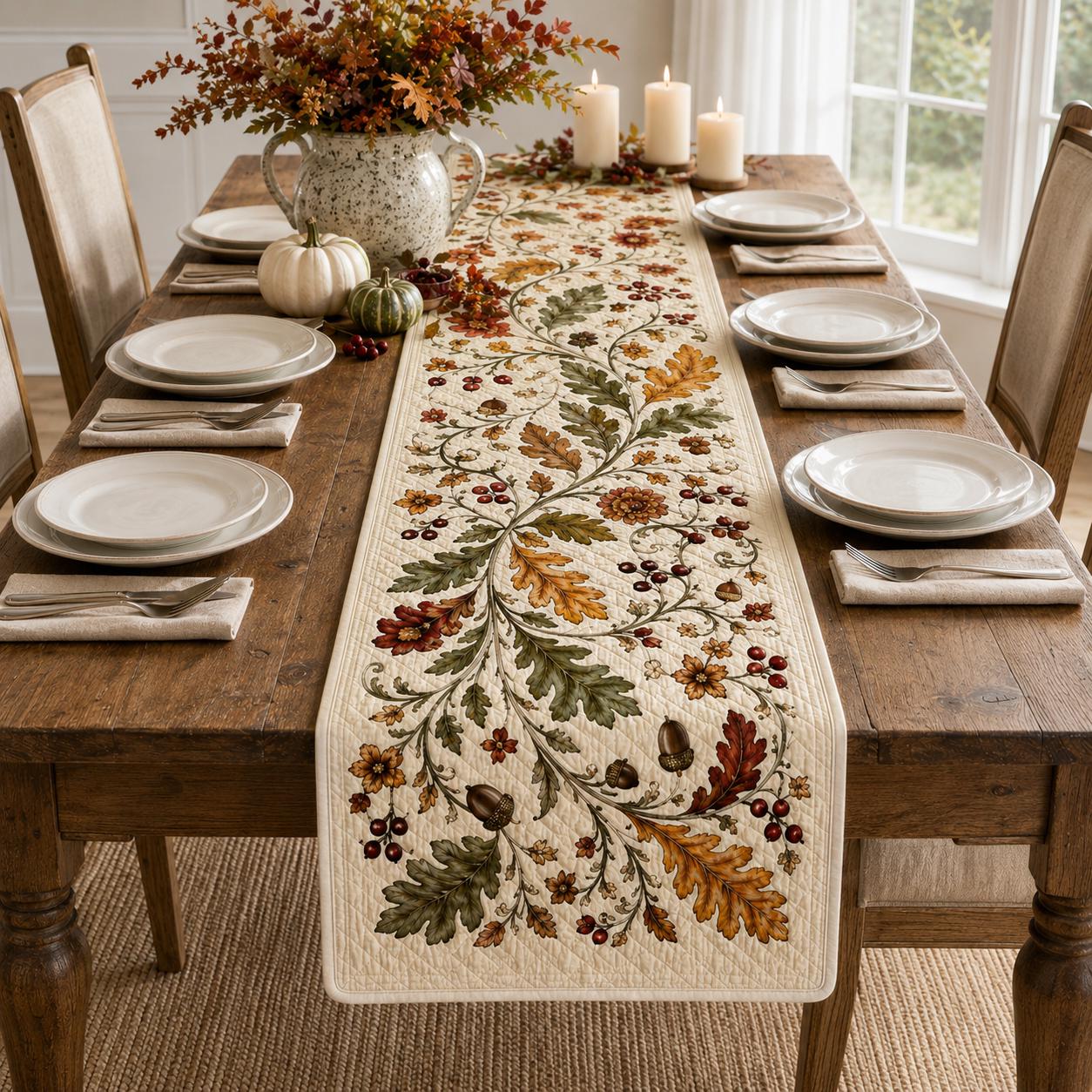 Quilted Style Autumn Oak Leaf Table Runner with Acorn, Berry and Floral Motif – Thanksgiving Decor
