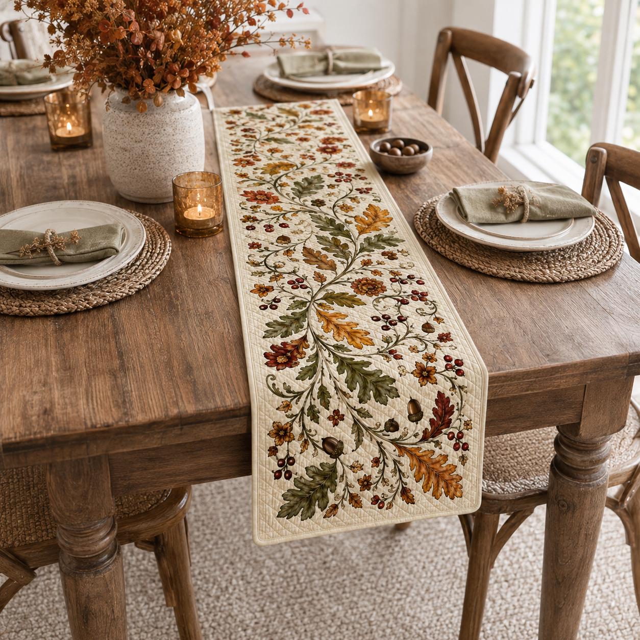 Quilted Style Autumn Oak Leaf Table Runner with Acorn, Berry and Floral Motif – Thanksgiving Decor - photo 4