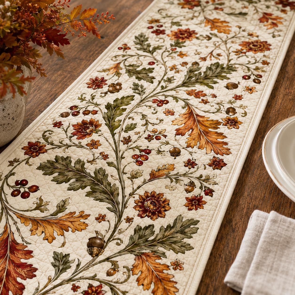 Quilted Style Autumn Oak Leaf Table Runner with Acorn, Berry and Floral Motif – Thanksgiving Decor - photo 5