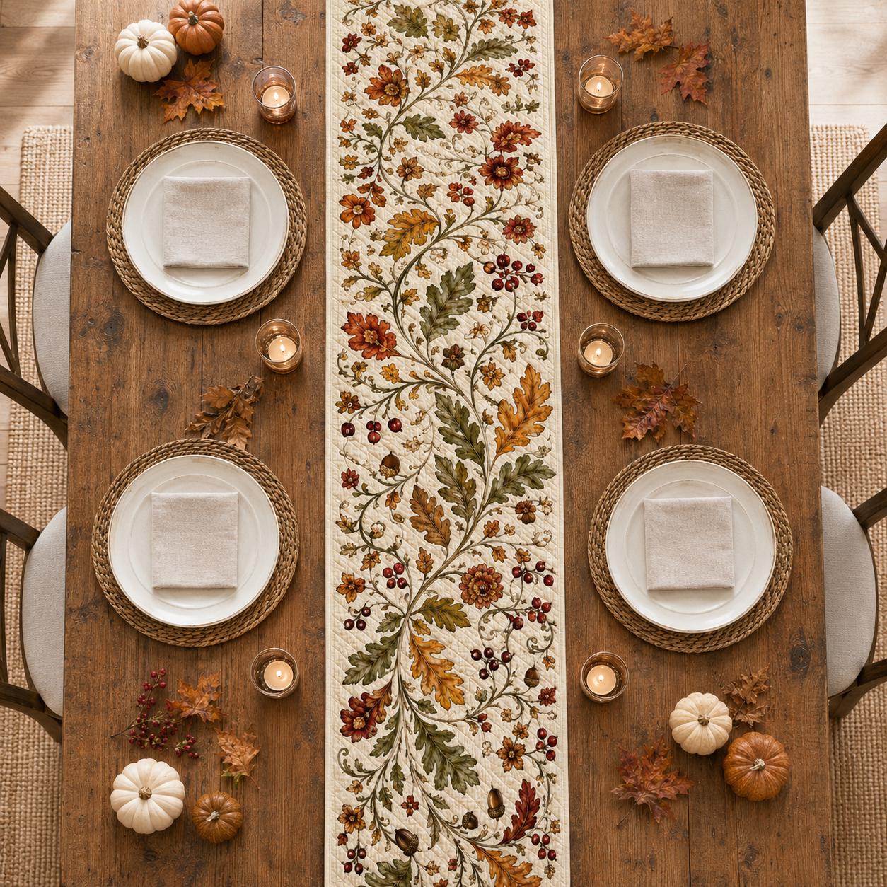 Quilted Style Autumn Oak Leaf Table Runner with Acorn, Berry and Floral Motif – Thanksgiving Decor - photo 6
