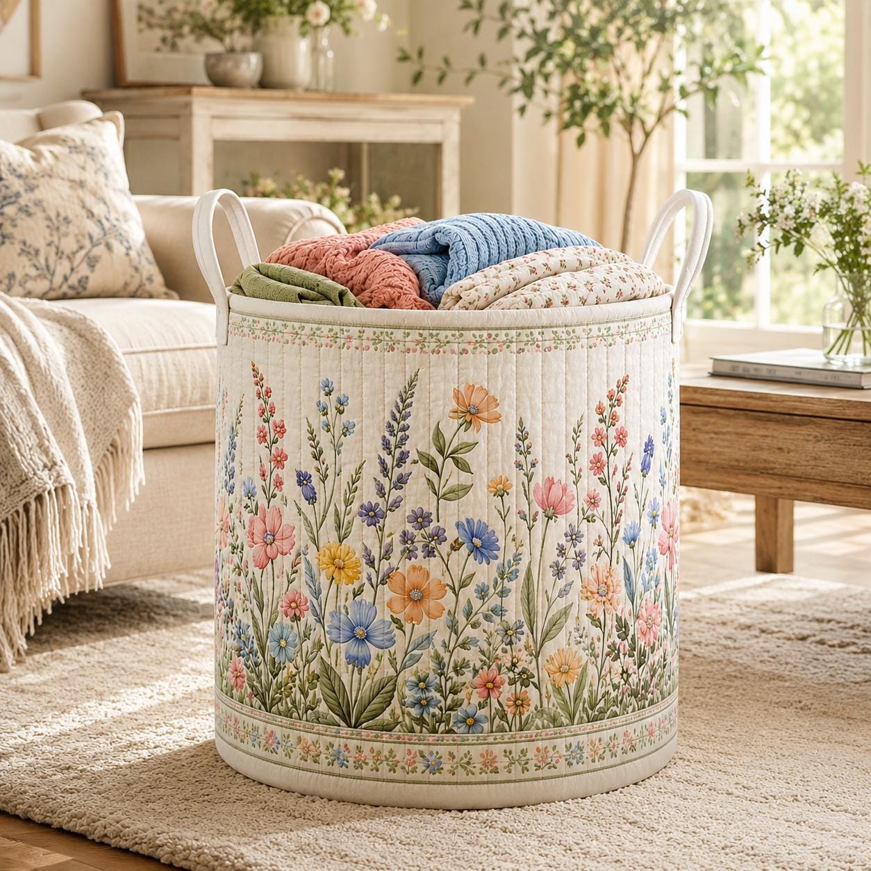 Wildflower Laundry Basket with Quilted Style for Floral Library Storage Hamper Cottagecore Laundry Bin Bedroom Home Decor Meadow Hamper