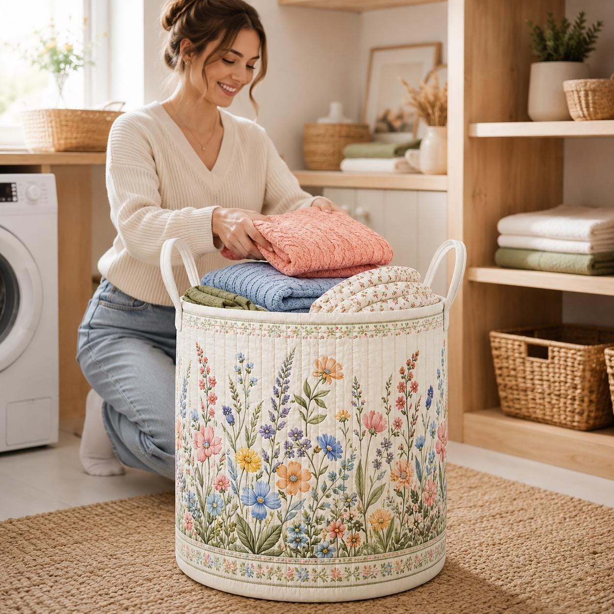 Wildflower Laundry Basket with Quilted Style for Floral Library Storage Hamper Cottagecore Laundry Bin Bedroom Home Decor Meadow Hamper - photo 3