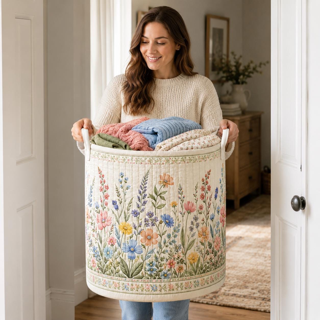 Wildflower Laundry Basket with Quilted Style for Floral Library Storage Hamper Cottagecore Laundry Bin Bedroom Home Decor Meadow Hamper - photo 4