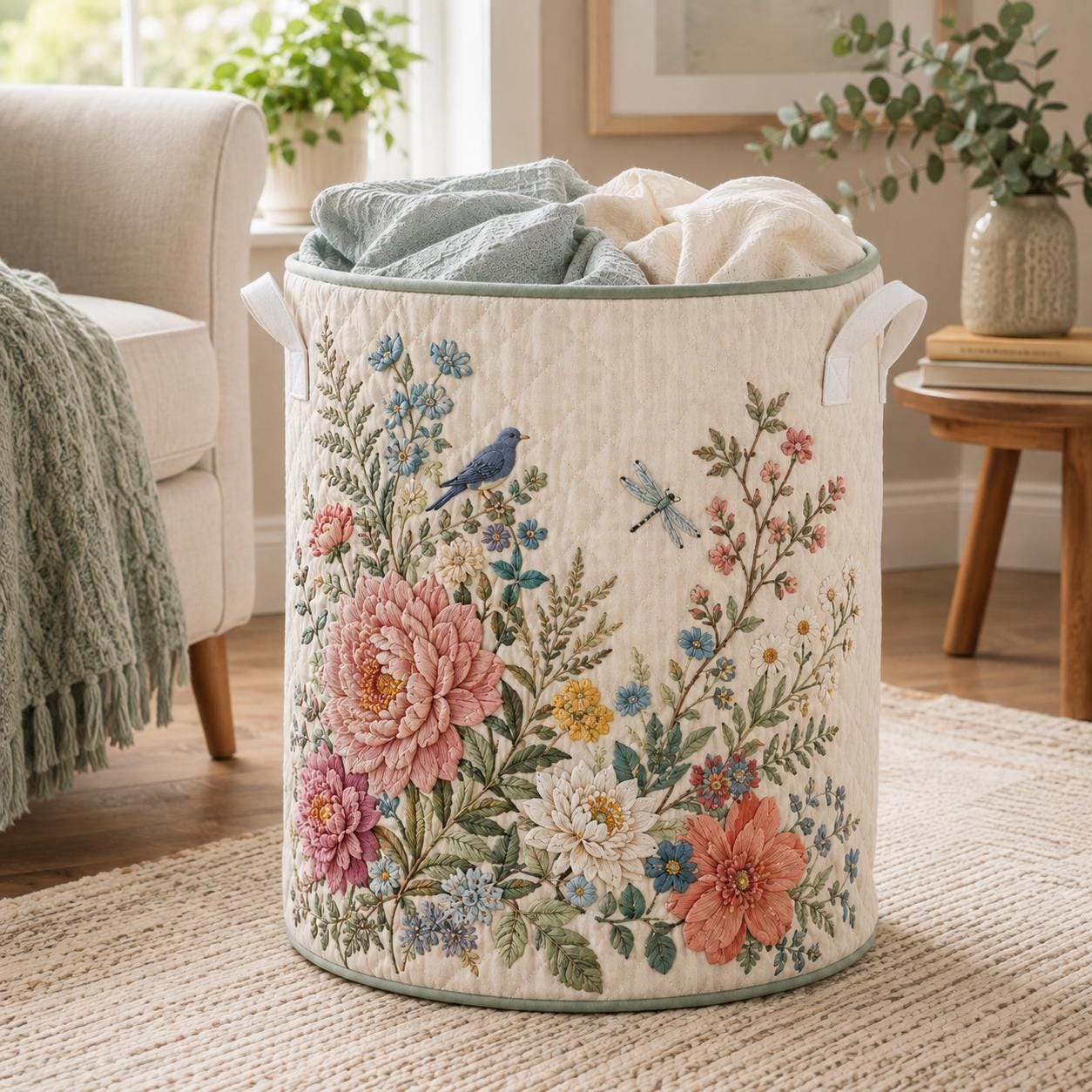 Floral Laundry Basket with Quilted Style for Bird and Dragonfly Cottage Garden Bedroom Organizer and Laundry Basket