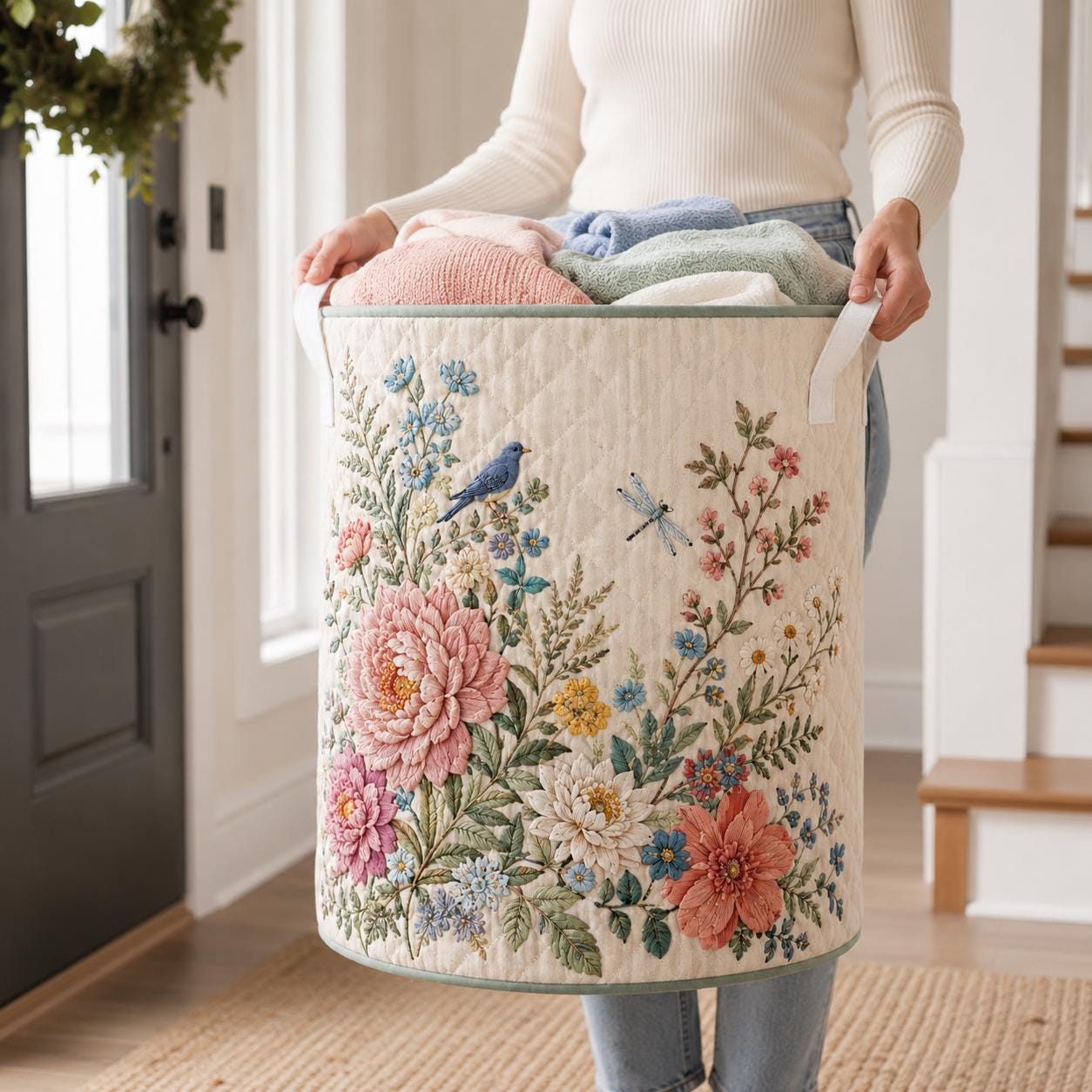 Floral Laundry Basket with Quilted Style for Bird and Dragonfly Cottage Garden Bedroom Organizer and Laundry Basket - photo 3