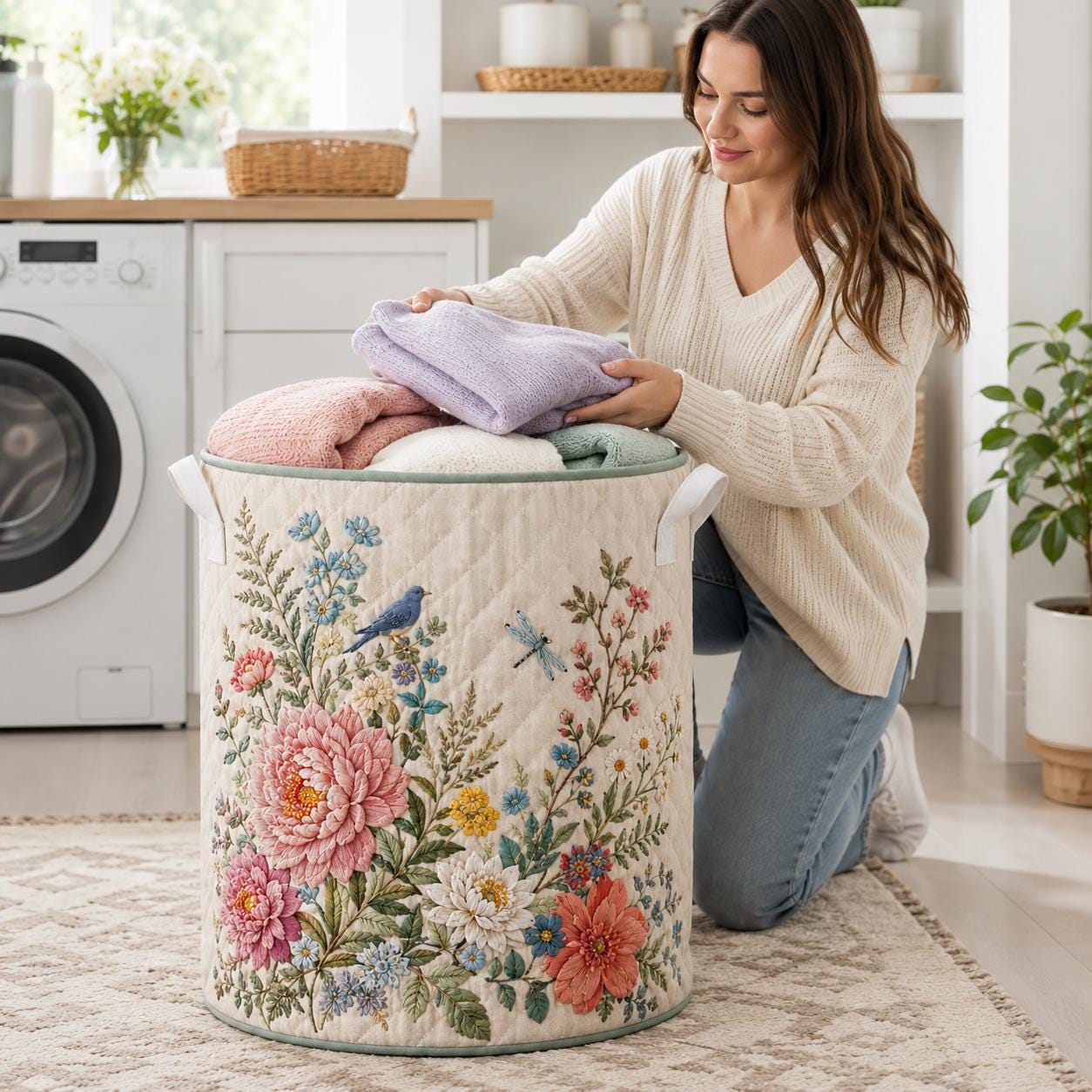 Floral Laundry Basket with Quilted Style for Bird and Dragonfly Cottage Garden Bedroom Organizer and Laundry Basket - photo 4