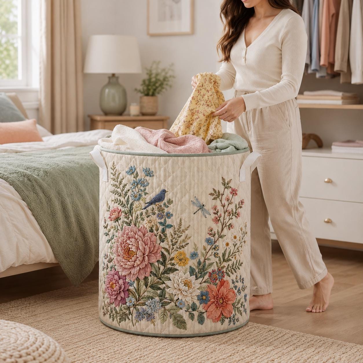 Floral Laundry Basket with Quilted Style for Bird and Dragonfly Cottage Garden Bedroom Organizer and Laundry Basket - photo 5
