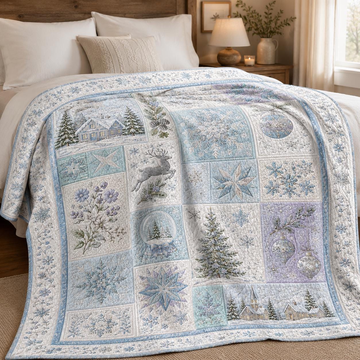 Winter Snowflake Blanket with Quilted Style for Blue Christmas Throw Snowy Cottage Holiday Decor and Cozy Winter Bedroom Gift