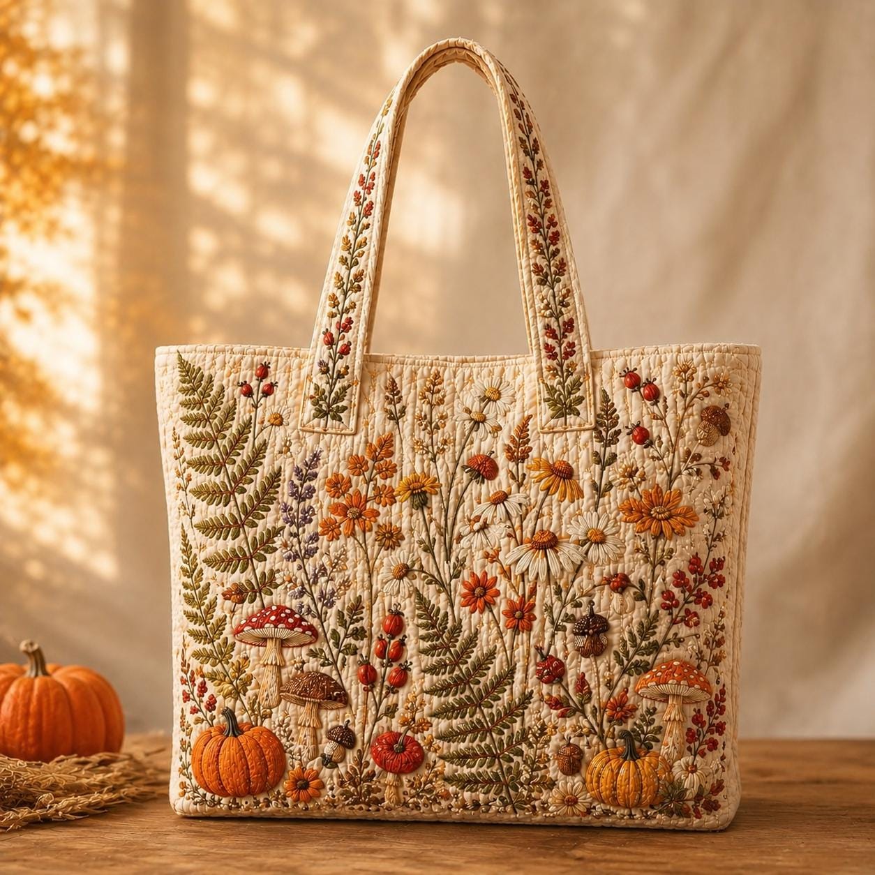 Autumn Botanical Tote Bag with Quilted Style for Wildflower Mushroom Pumpkin Fall Market Bag and Cottagecore Nature Gift for Her